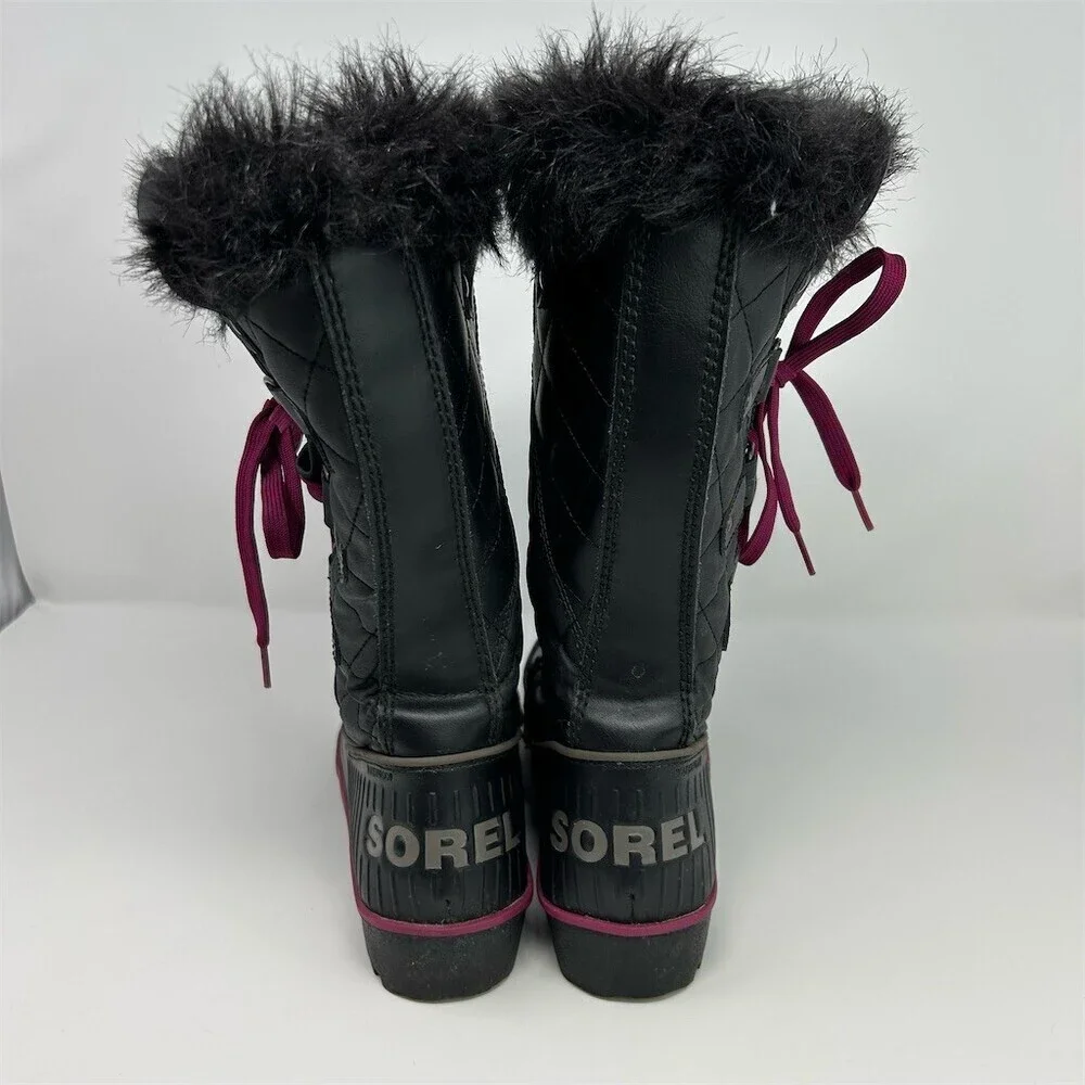 Sorel Tivoli Twist Snow Boots Womens Black Quilted Faux Fur Pink Laces Size 9
